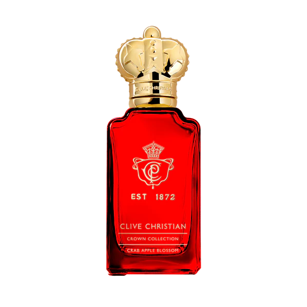 Rotes Parfüm Flakon von Clive Christian Crab Apple Blossom mit goldenem Deckel