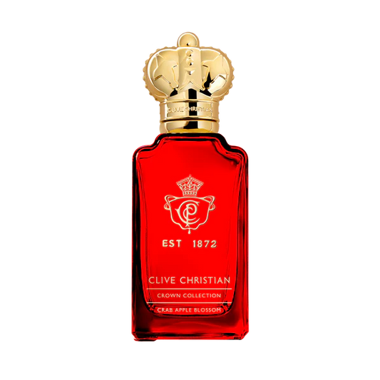 Rotes Parfüm Flakon von Clive Christian Crab Apple Blossom mit goldenem Deckel
