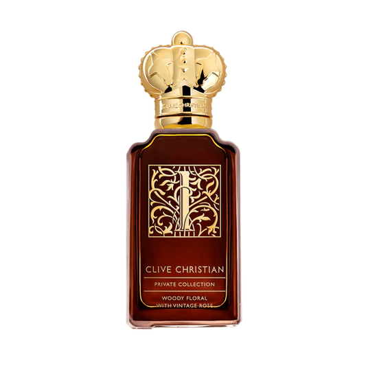 Rotes Parfüm Flakon von Clive Christian Woody Floral mit goldenem Deckel