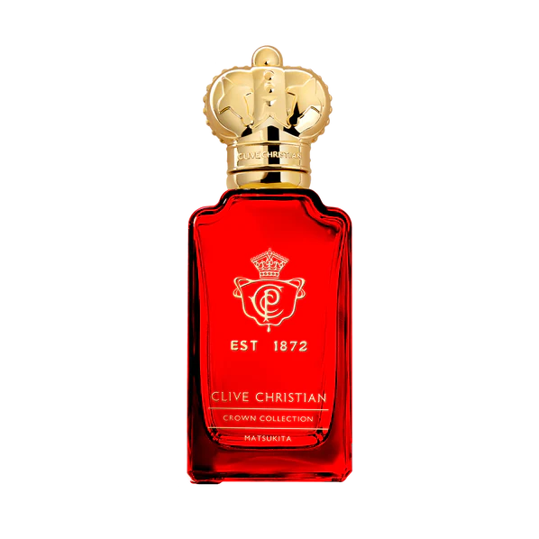 Rotes Parfüm Flakon von Clive Christian Matsukita mit goldenem Deckel