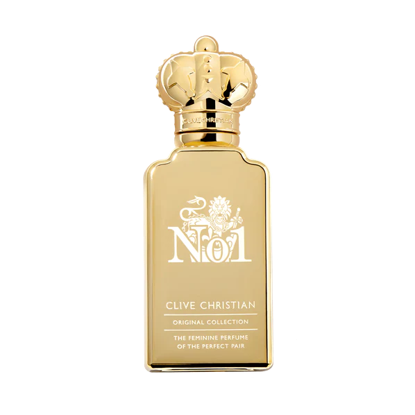 Goldenes Parfüm Flakon von Clive Christian No.1 Feminine mit goldenem Deckel