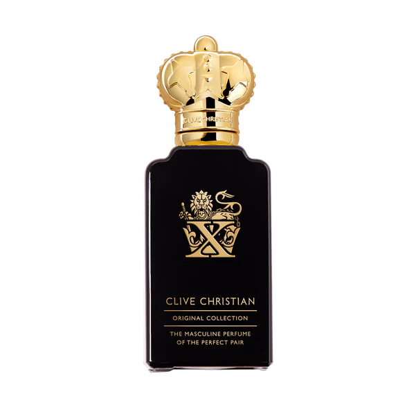 Schwarzes Parfüm Flakon von Clive Christian X The Masculine Perfume mit goldenem Deckel