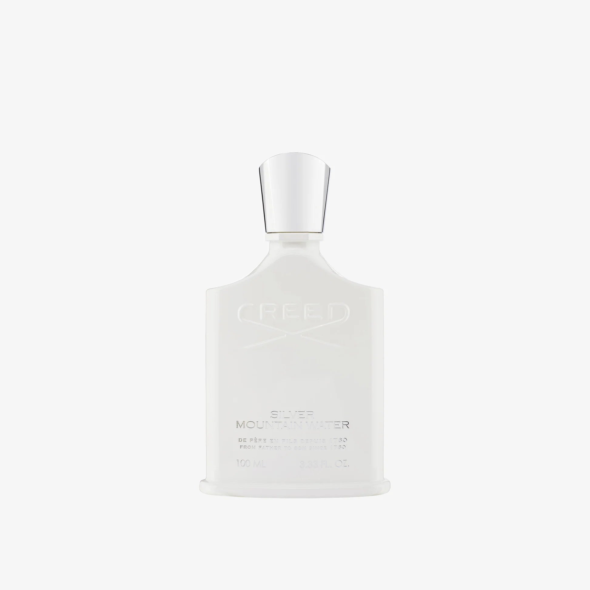 Weißes Parfüm Flakon von Creed Silver Mountain Water mit silbernem Deckel