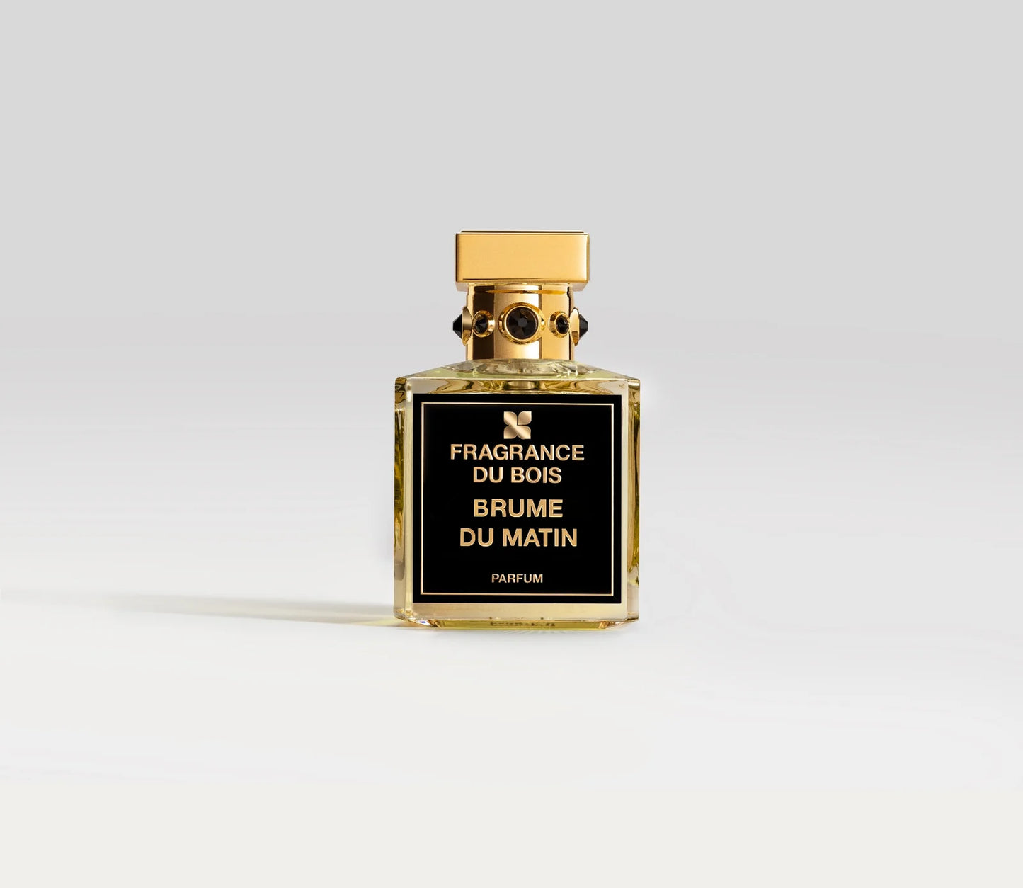 Transparentes Parfüm Flakon von Fragrance Du Bois Brume Du Matin mit goldenem Deckel