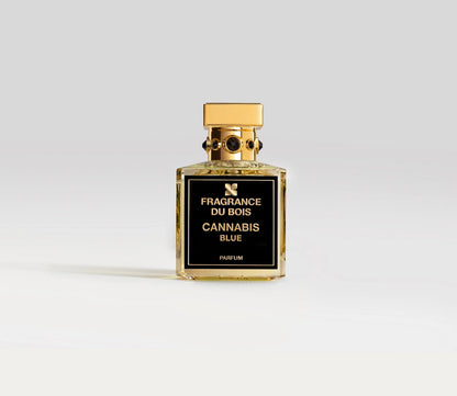 Transparentes Parfüm Flakon von Fragrance Du Bois Cannabis Blue mit goldenem Deckel