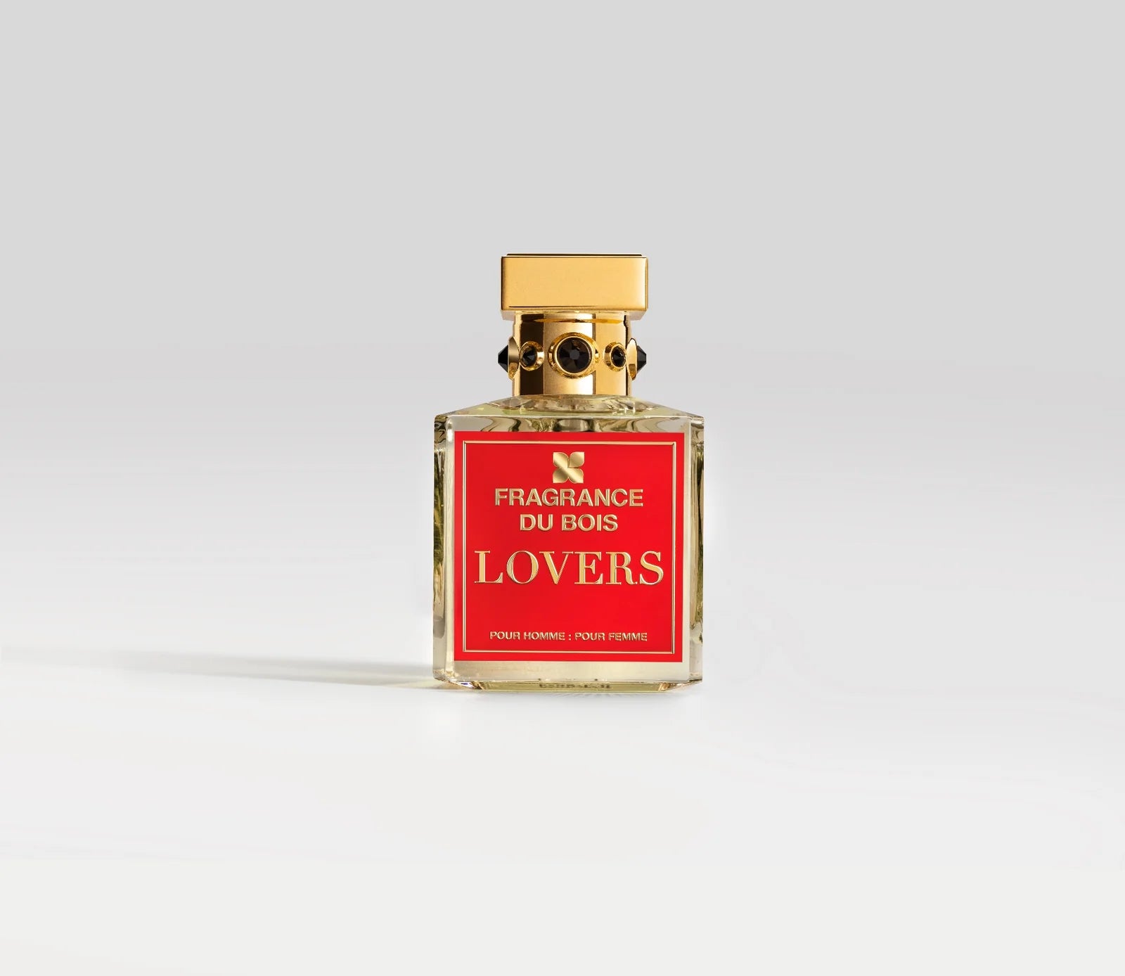 Transparentes Parfüm Flakon von Fragrance Du Bois Lovers mit goldenem Deckel