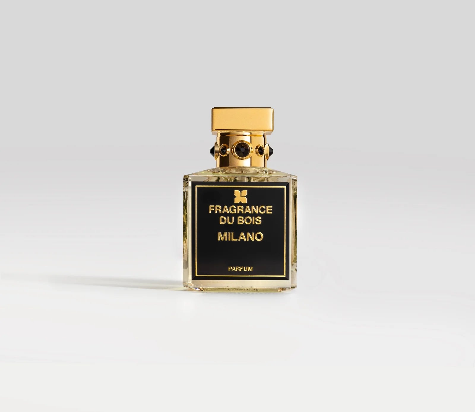 Transparentes Parfüm Flakon von Fragrance Du Bois Milano mit goldenem Deckel