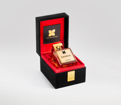 Schwarze Aufbewahrungsbox von Fragrance Du Bois Sahraa mit innenliegendem Flakon
