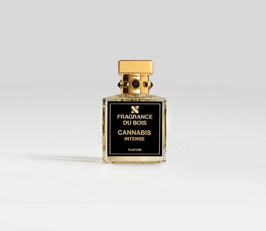Transparentes Parfüm Flakon von Fragrance Du Bois Cannabis Intense mit goldenem Deckel