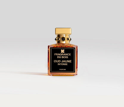 Parfüm Flakon von Fragrance Du Bois Oud Jaune Intense mit goldenem Deckel