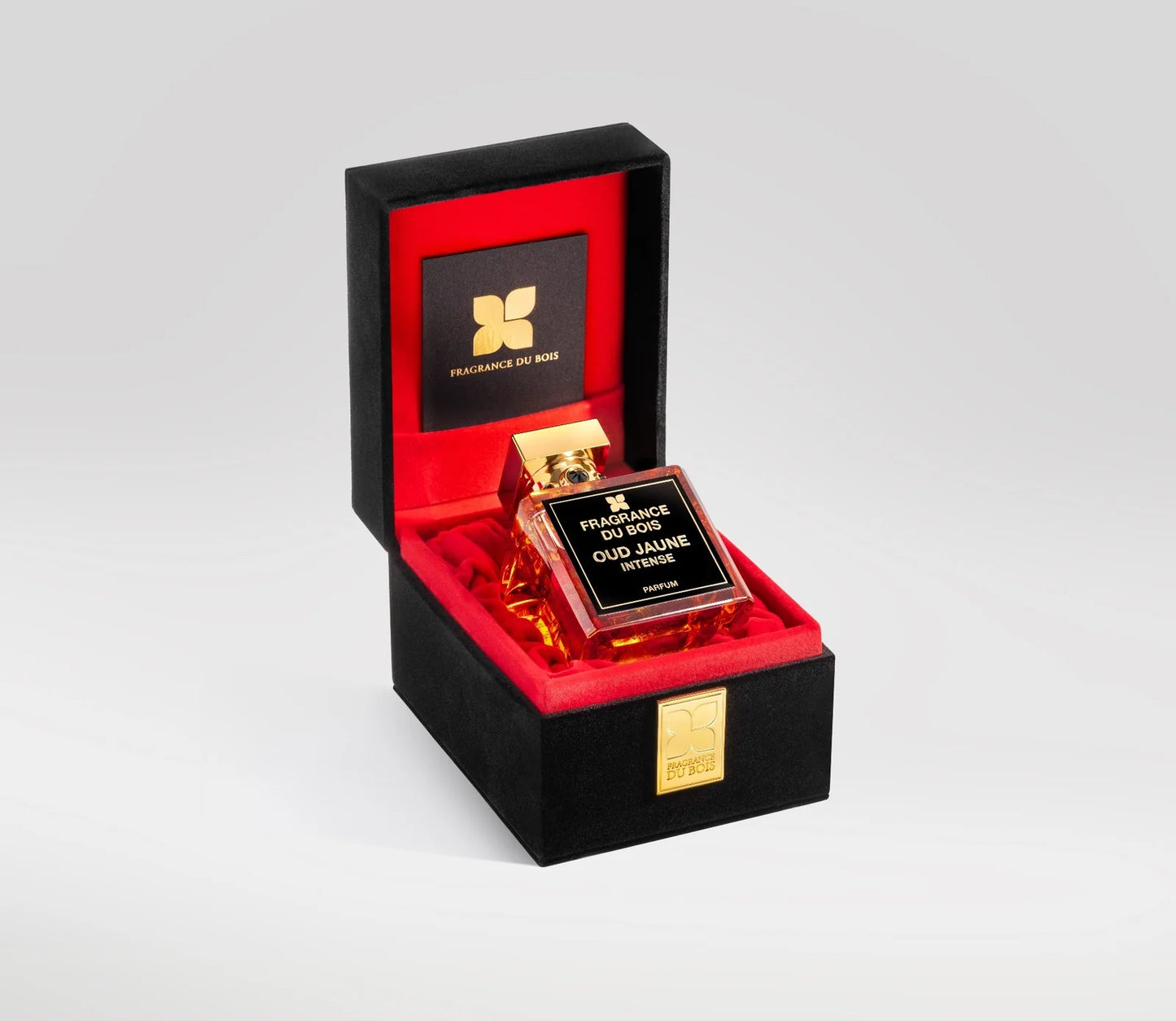 Schwarze Aufbewahrungsbox von Fragrance Du Bois Oud Jaune Intense mit Parfüm Flakon innenliegend