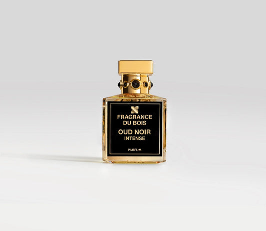 Parfüm Flakon von Fragrance Du Bois Oud Noir Intense mit goldenem Deckel