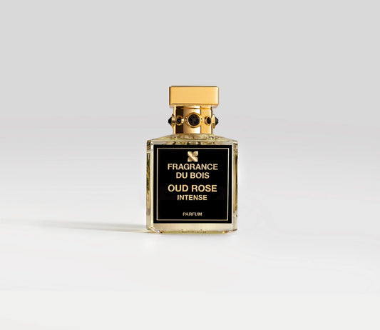 Parfüm Flakon von Fragrance Du Bois Oud Rose Intense mit goldenem Deckel