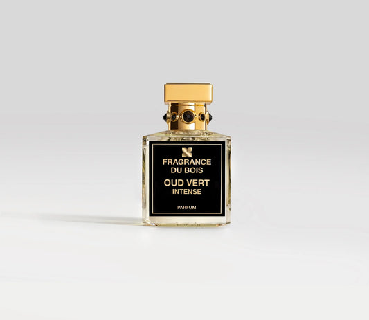 Parfüm Flakon von Fragrance Du Bois Oud Vert Intense mit goldenem Deckel