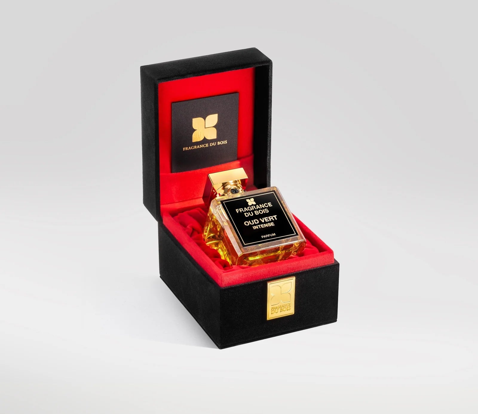 Schwarze Aufbewahrungsbox von Fragrance Du Bois Oud Vert Intense mit innenliegendem Parfüm Flakon