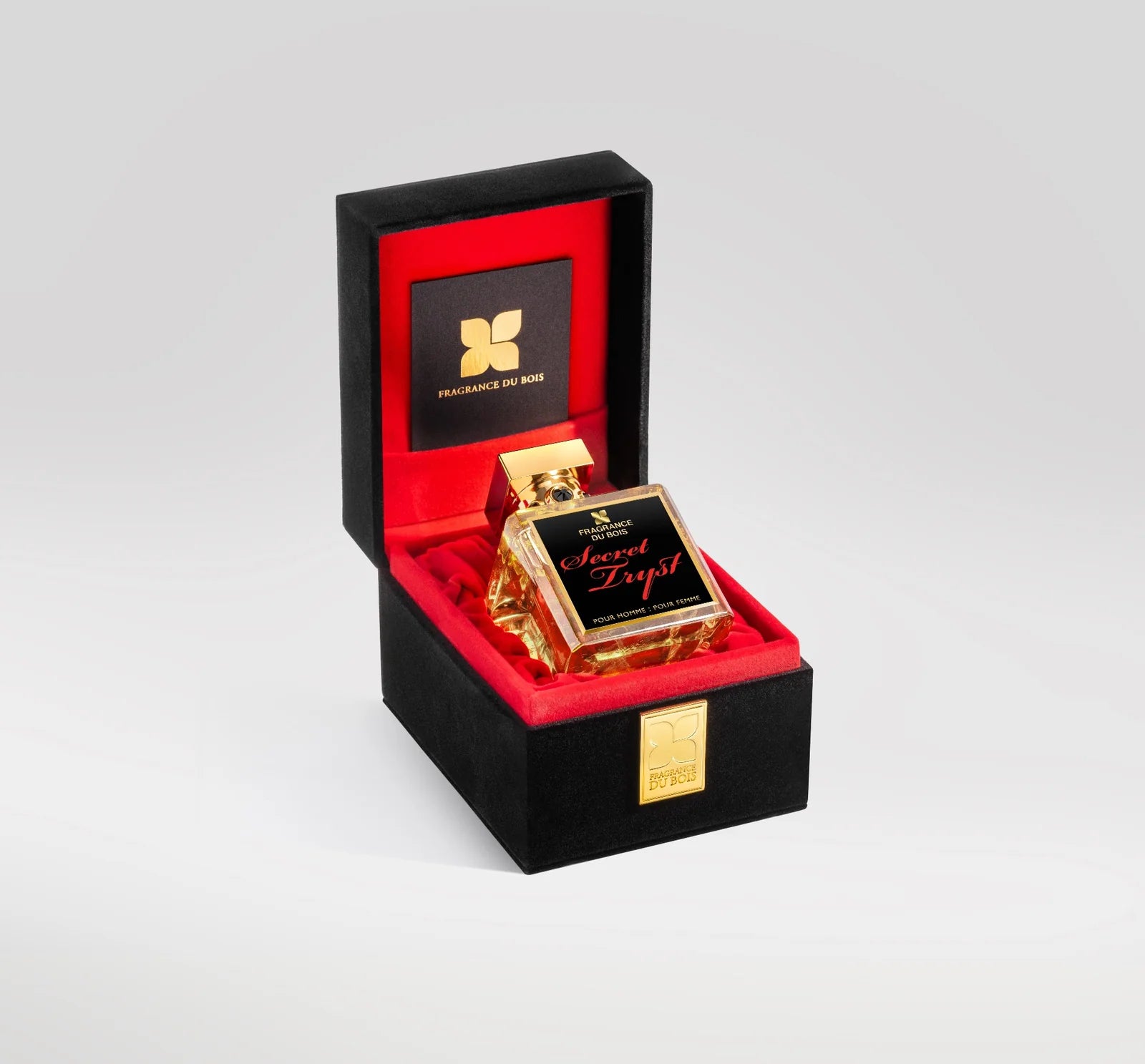 Schwarze Aufbewahrungsbox von Fragrance Du Bois Secret Tryst mit innenliegendem Flakon